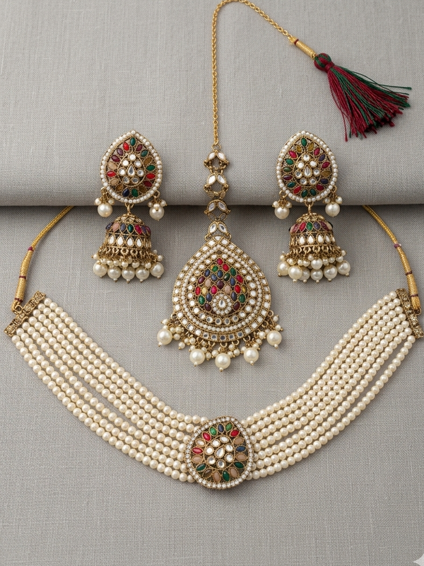 Meraki Multicolored Choker Set with White Beads