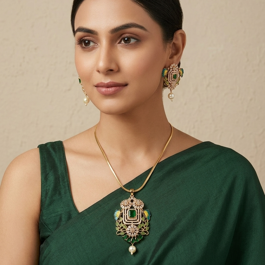 Floral Leaf Green Stone Pendant Set