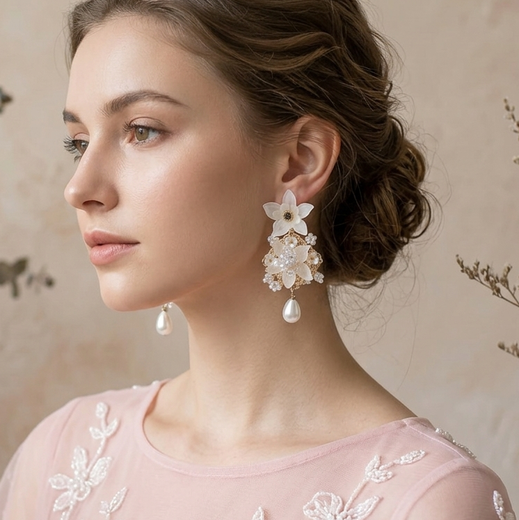 White Pearl Drop Long Earrings
