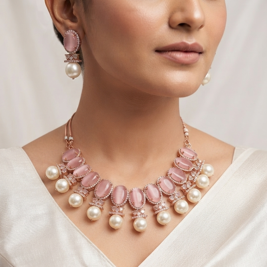 Pink Tone American Diamond Studded Necklace Set