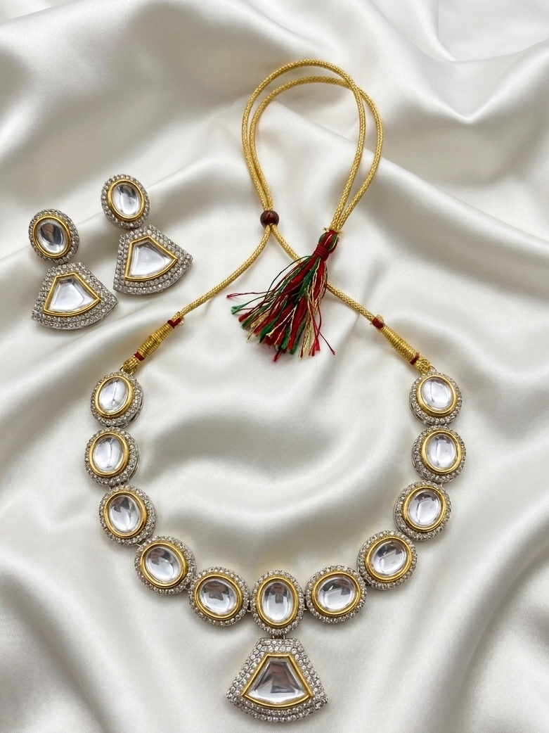 Meraki Gold Kundan Jadau Necklace Set with Drop Earrings