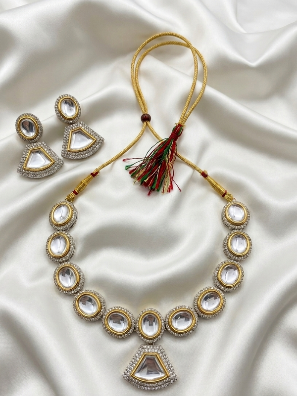 Meraki Gold Kundan Jadau Necklace Set with Drop Earrings
