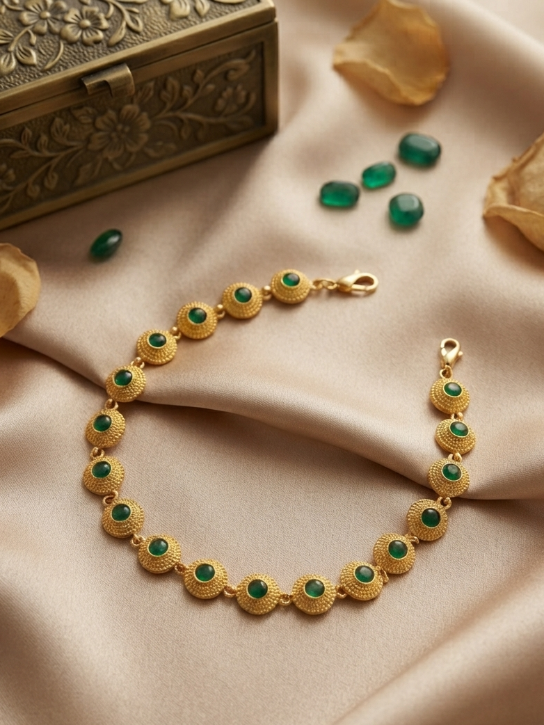 MERAKI Gold Plated Round Green Stone Mathapatti
