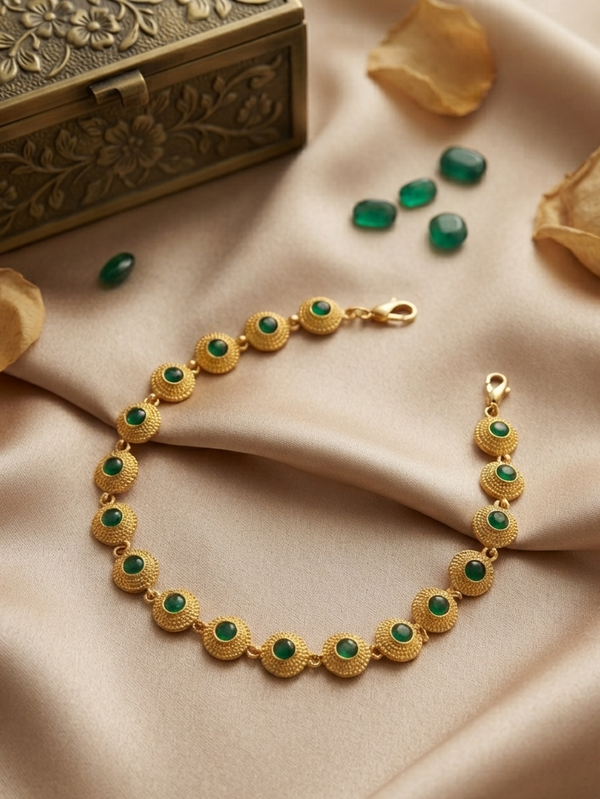 MERAKI Gold Plated Round Green Stone Mathapatti