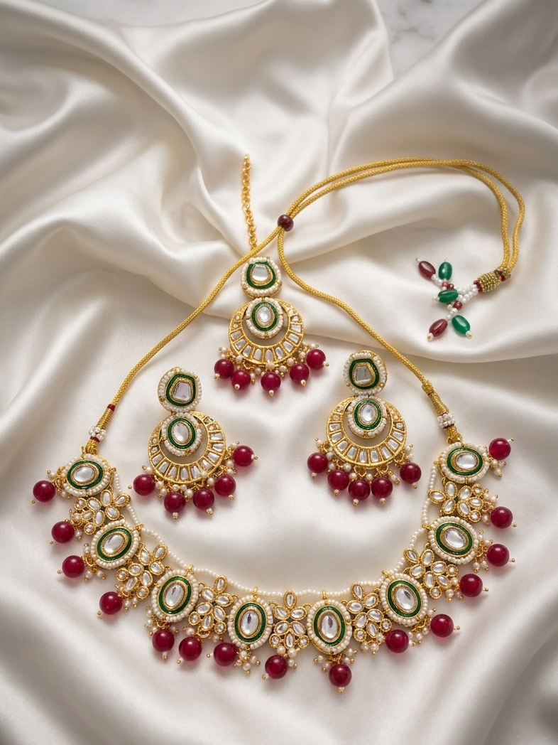 Elegant Kundan Polki Necklace Set With Mangteeka