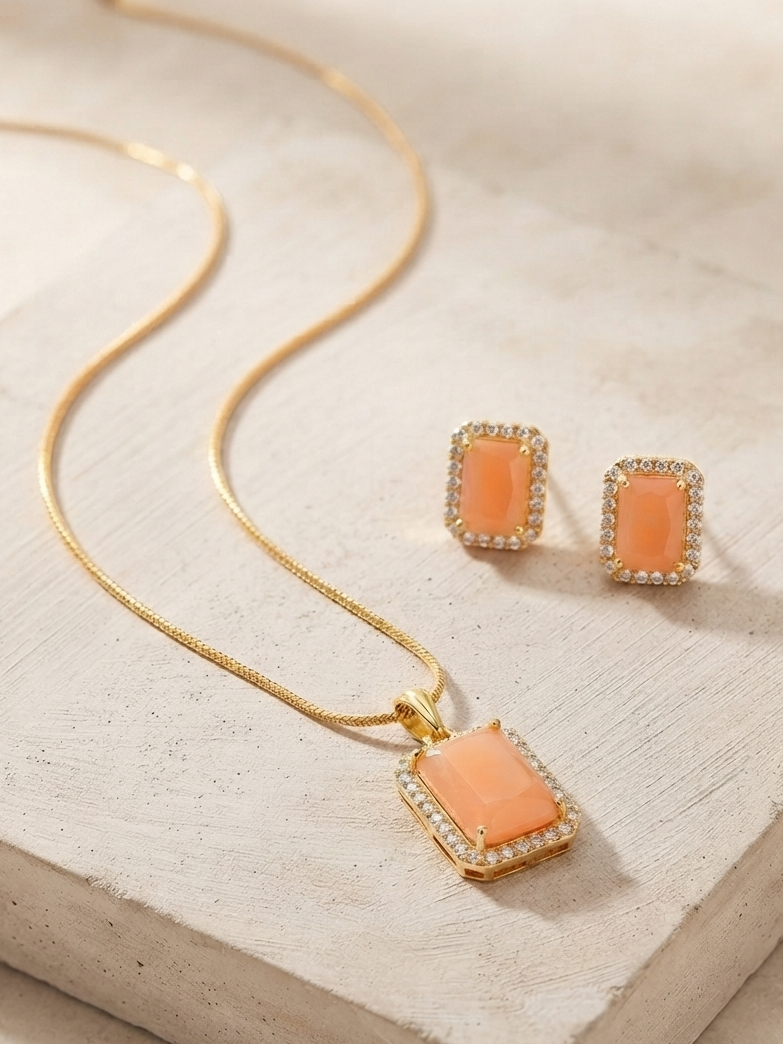 Meraki Gold plated Studded Pendant with Earrings