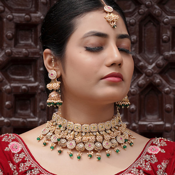 Green Gold Plated Indian Traditional Kundan Bridal Set