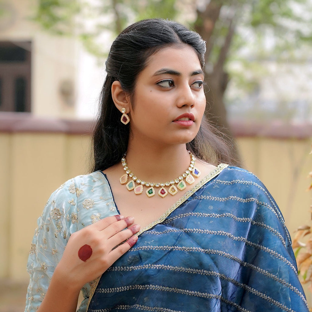 Meraki Multicolored Gold Tone Kundan Choker Set