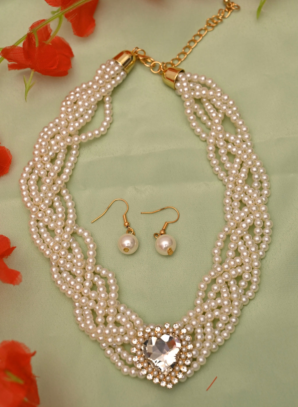 Pearl Braid With Heart Necklace Set