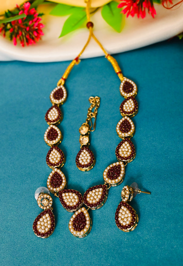 Kundan Maroon & White Pearls Necklace Set
