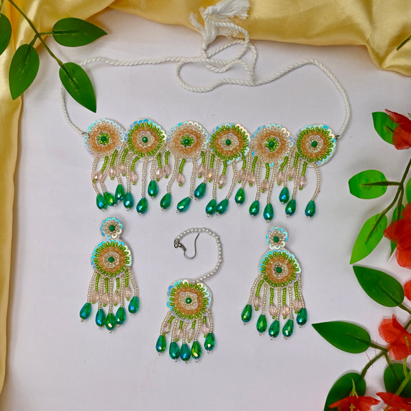 Handmade Crystal Drop Green Haldi Jewellery Set
