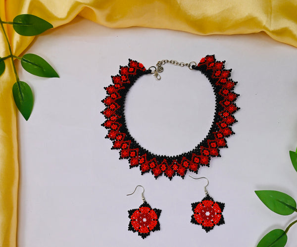 Black-Red Handmade Beaded Choker Set
