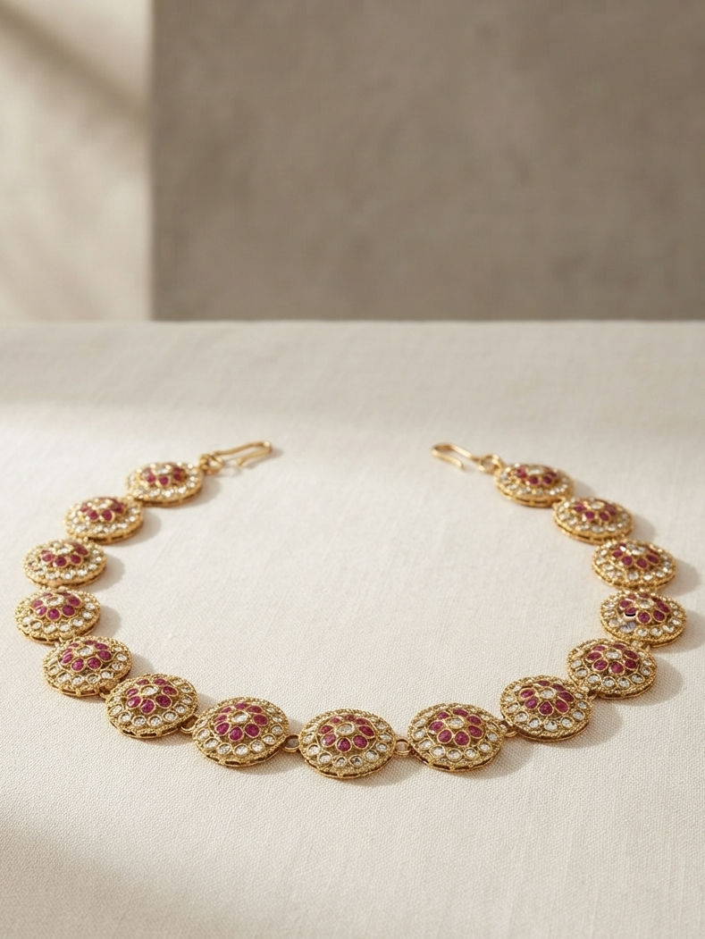 Gold Plated White And Pink Diamond Studded Mathapatti