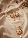 Gold Plated White Beads Necklace with Ruby Stone