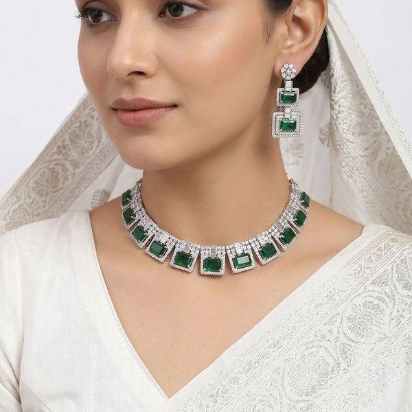 Rhodium Plated Emerald Green Zirconia Droplet Necklace Set