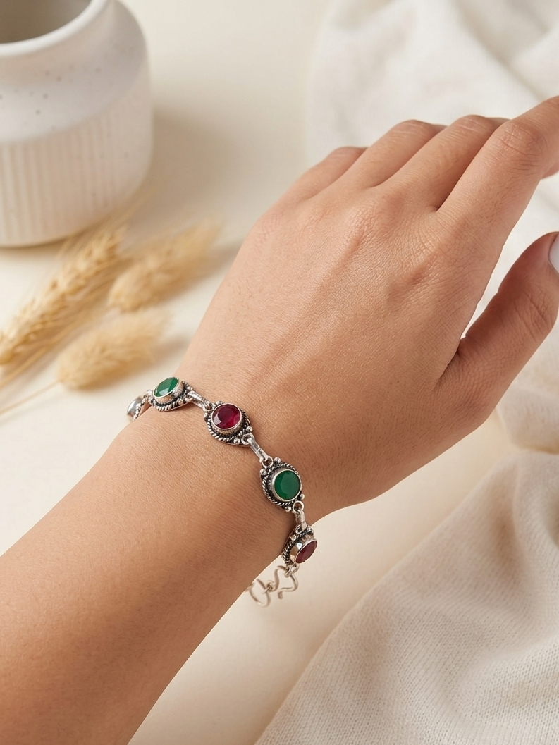 Oxidized Sterling Silver Garnet Handmade Bracelet