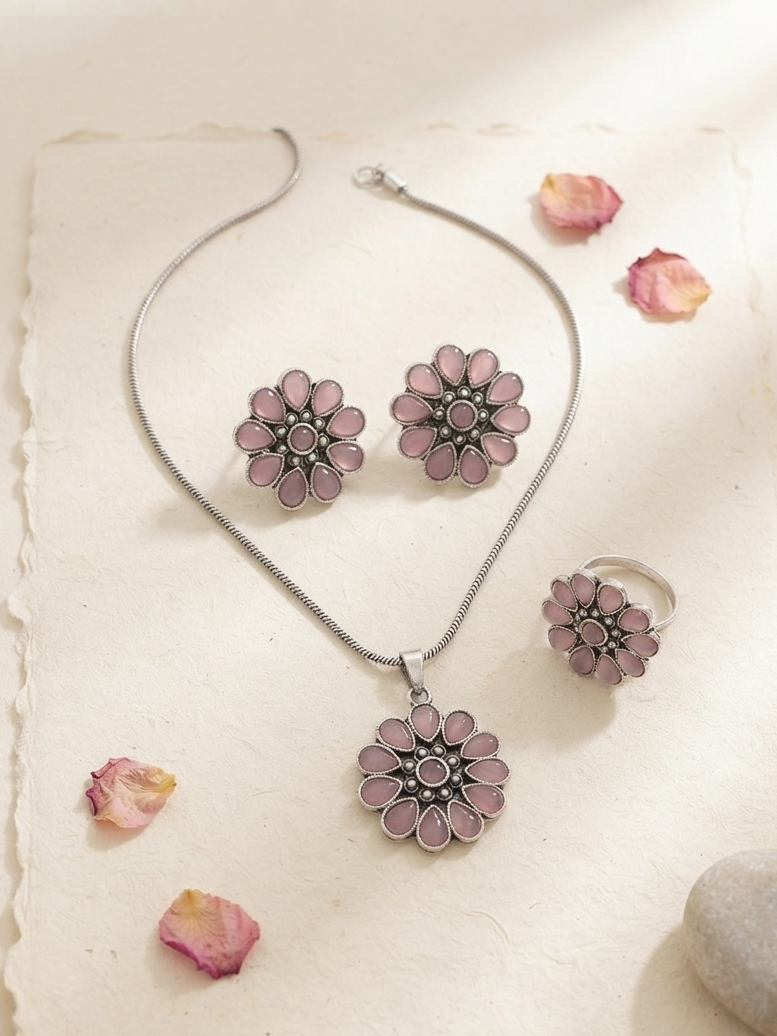 Oxidized Flower Shaped Pendant Set