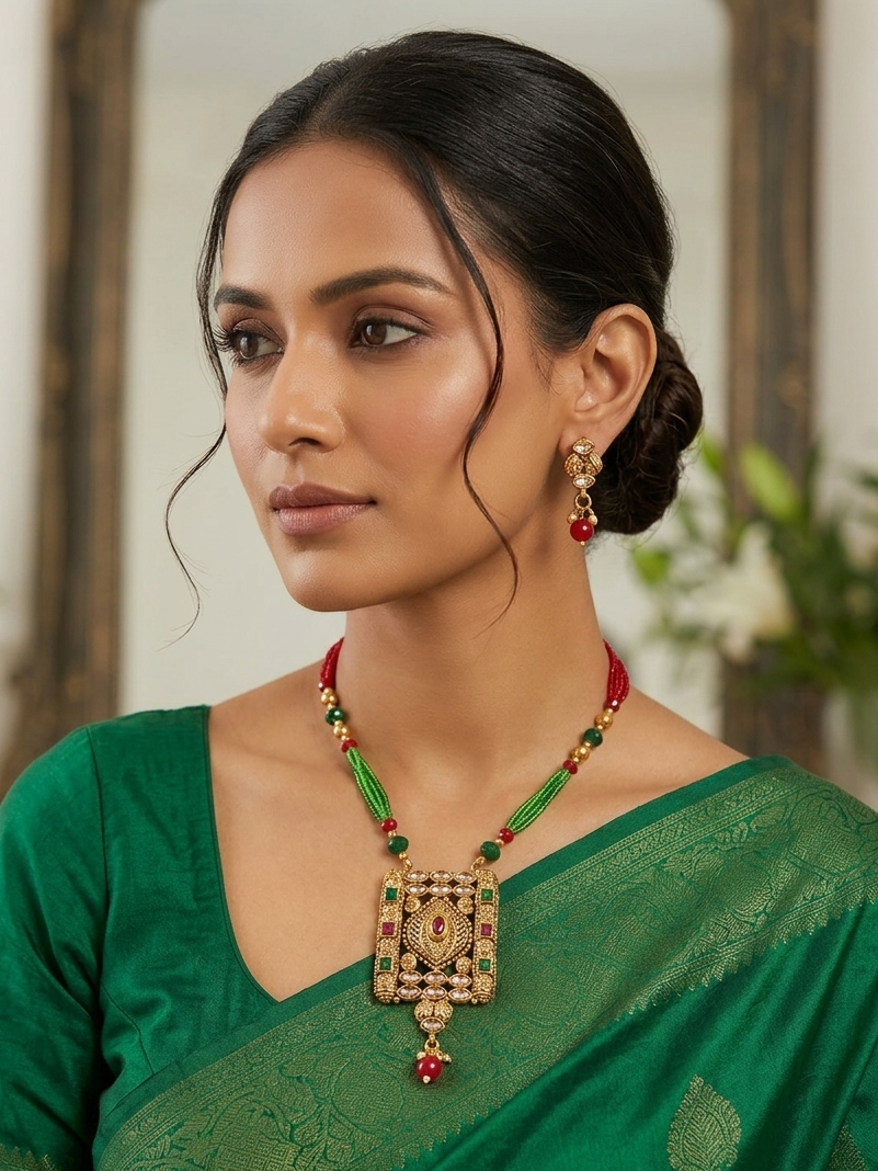 Gold Plated Long Necklace With Earrings