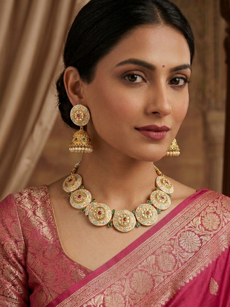 Meraki Antique Meenakari Polki Kundan Ruby studded Necklace with Matte Gold Plating Jhumkas Earrings