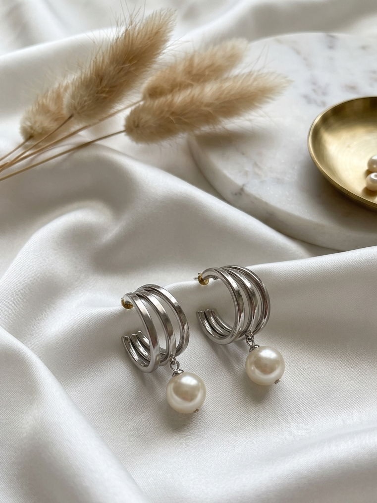 Multi Layer Hoop Silver Pearl Drop Earrings