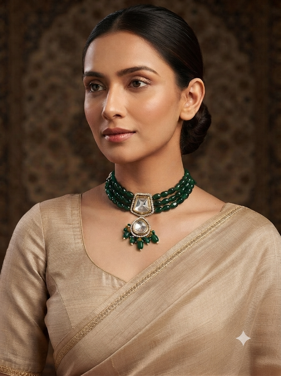 Meraki AD Stone Kundan Choker Set with Beads