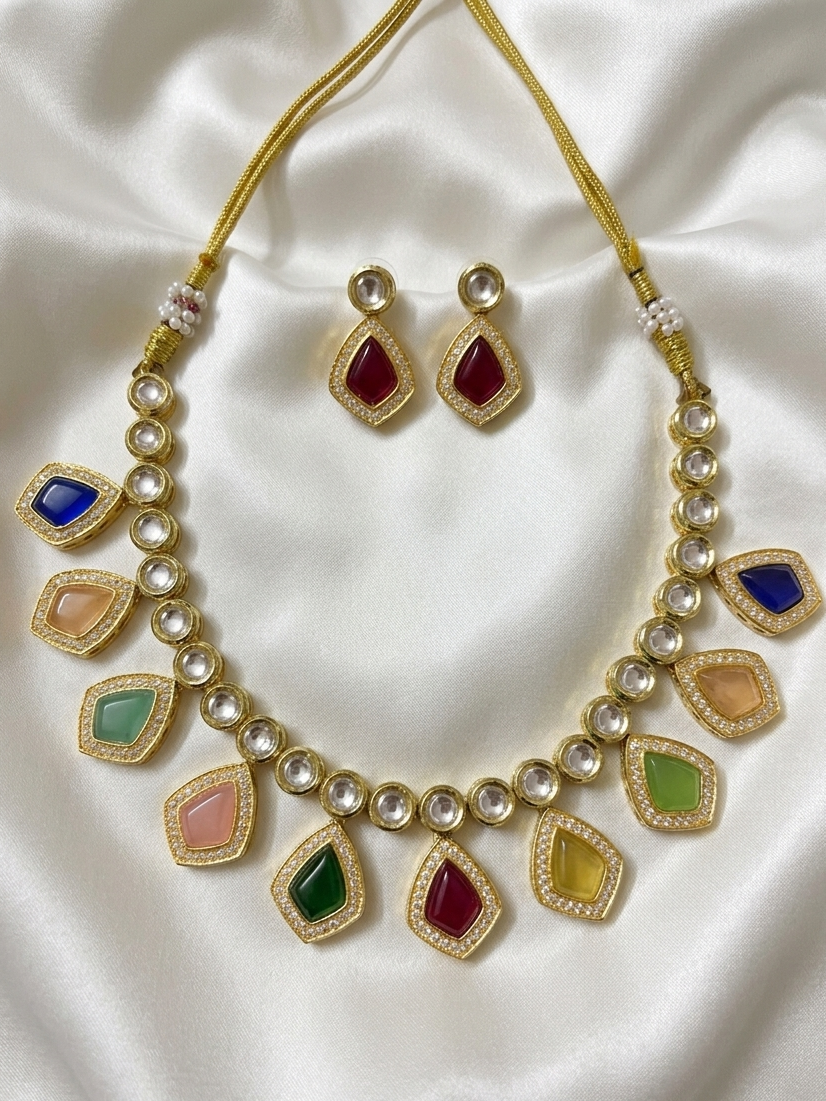 Meraki Multicolored Gold Tone Kundan Choker Set