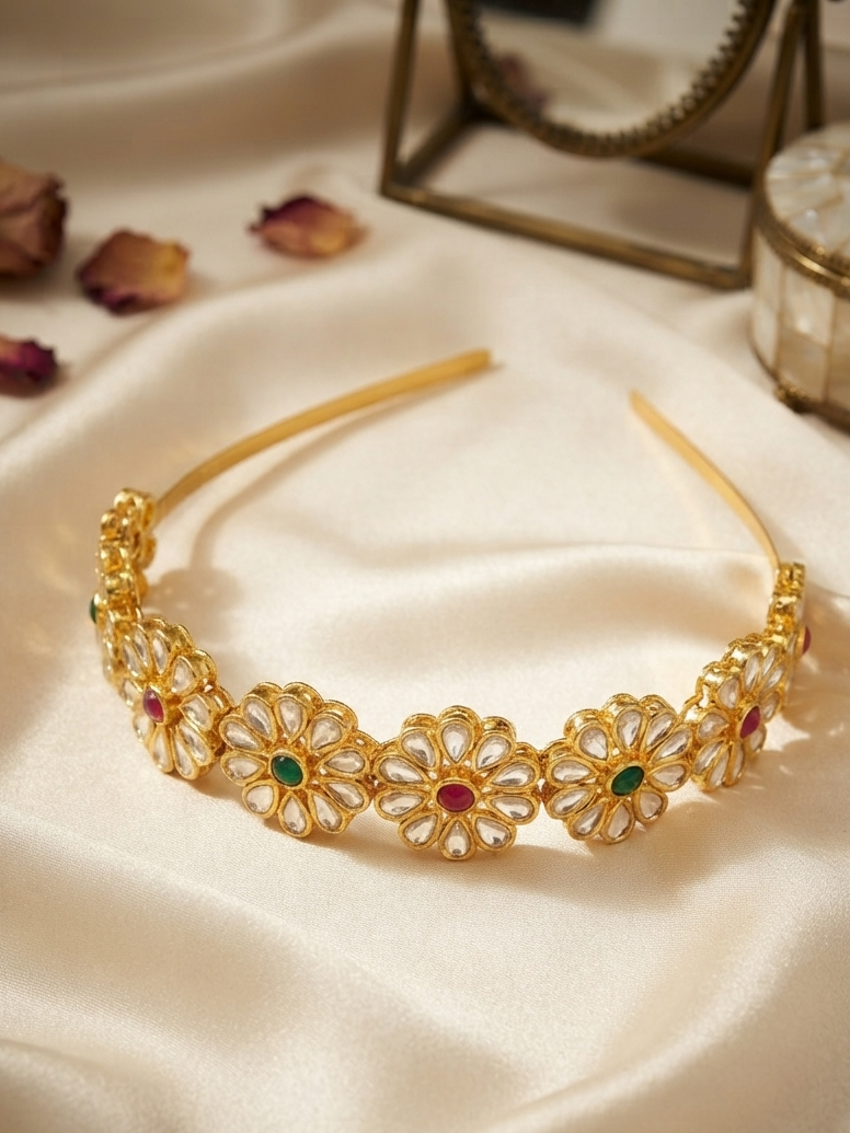 Gold Alike Flower Kundan Hairband