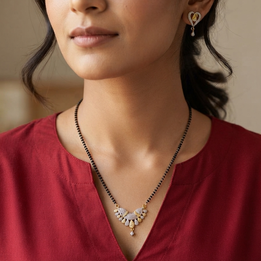 Gold And White Mangalsutra With Earrings