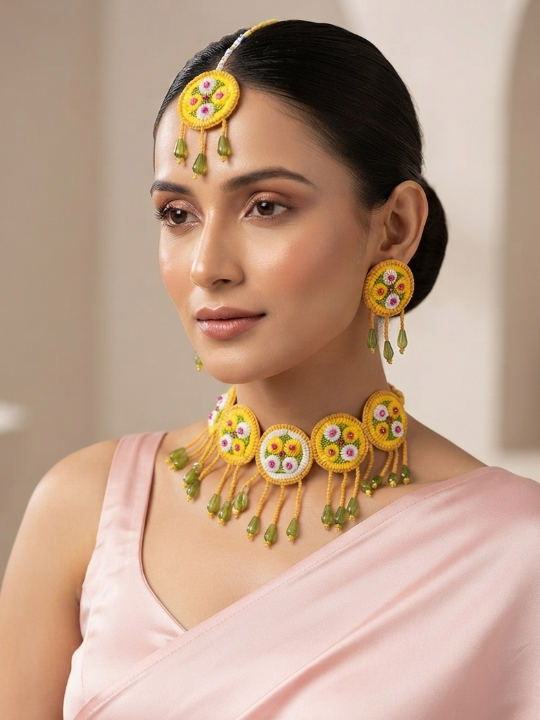 Floral Elegance: Handmade Multicolor Haldi-Mehndi Jewellery Set