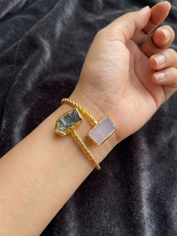 Grey And White Gemstone Gold Brass Bracelet