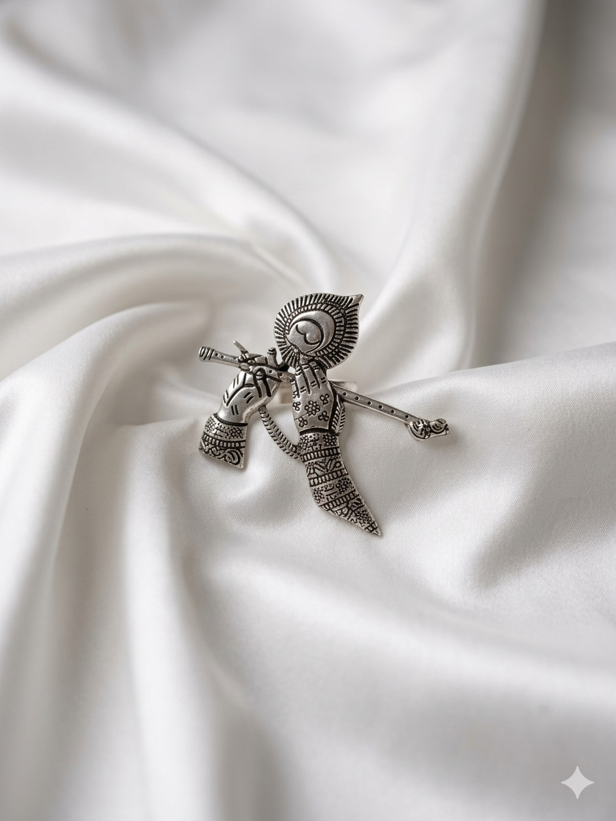 Mor Pankh Bansuri Silver Plated Ring