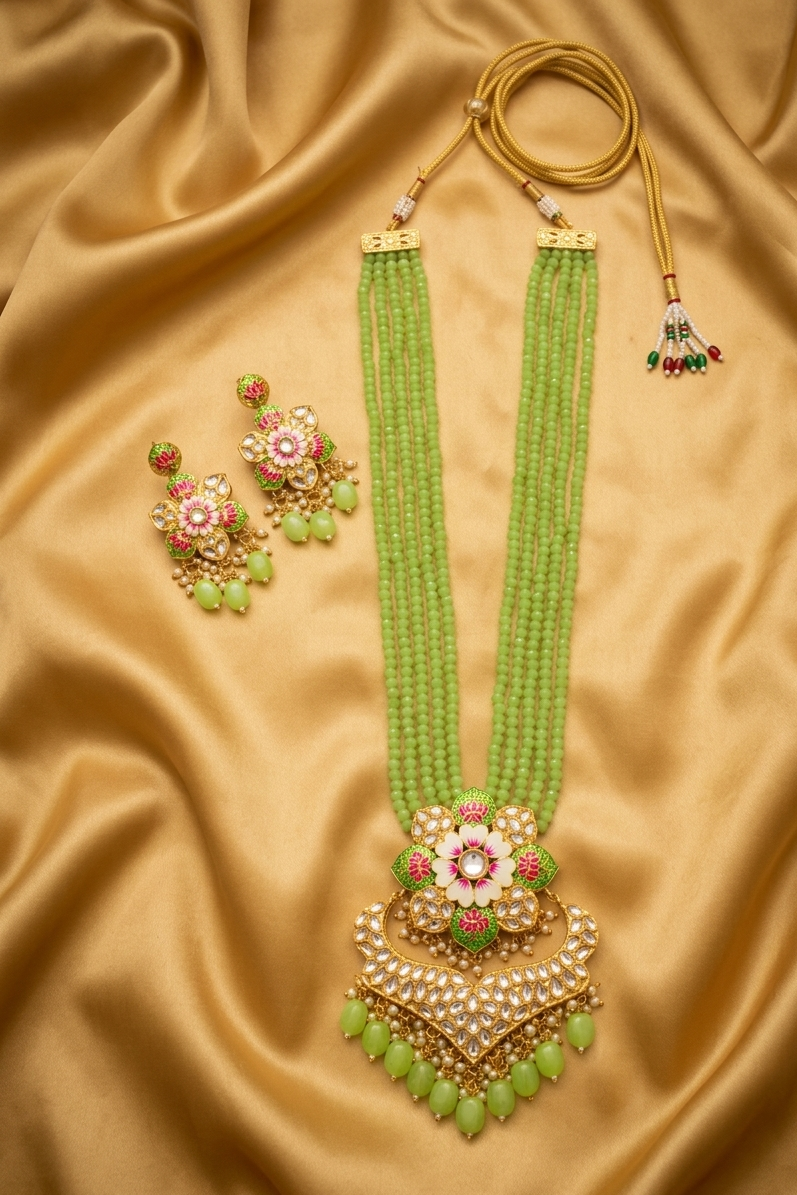 Flower Design Kundan Long Necklace Set