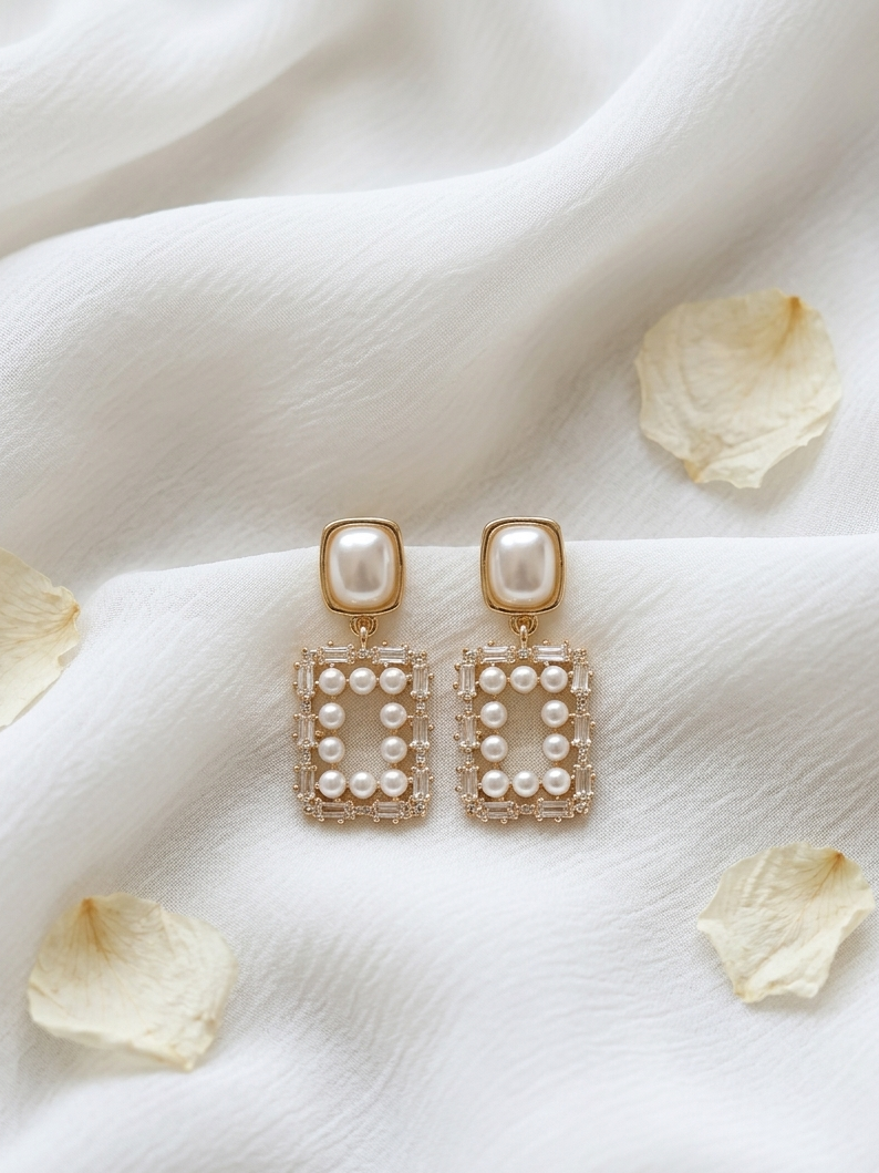 Korean White Pearl Studded Drop Earrings