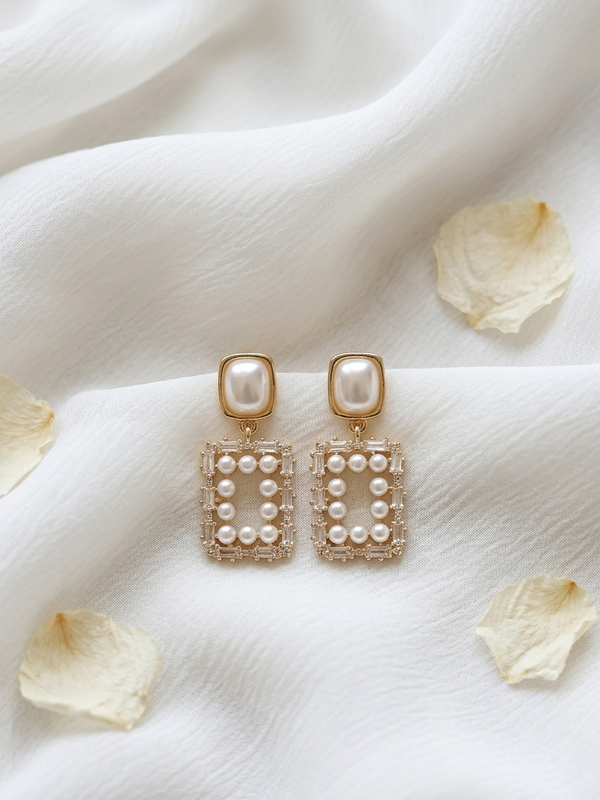 Korean White Pearl Studded Drop Earrings