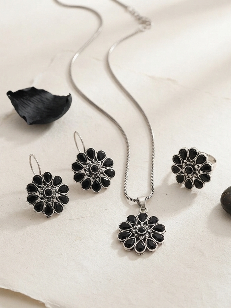 Oxidized Flower Shaped Pendant Set
