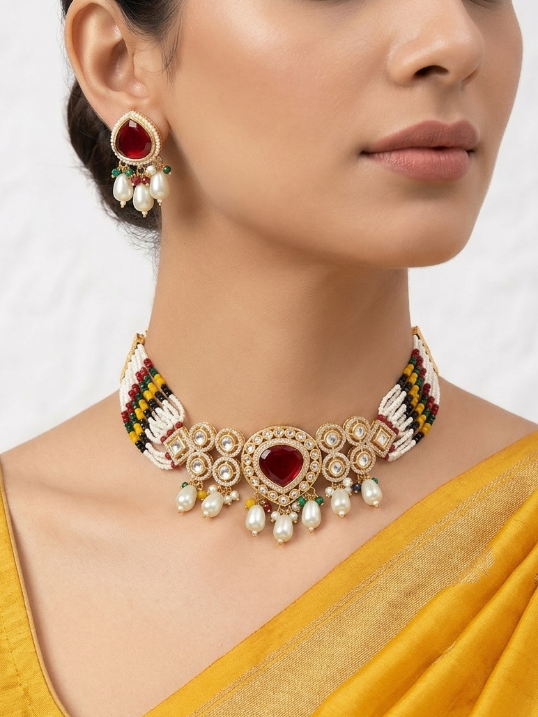Meraki AD Stone Kundan Choker Set with Beads &Pearls