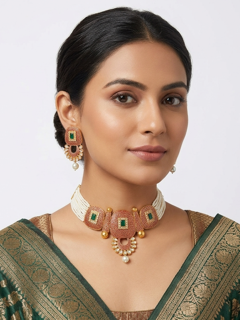 Meraki Gold Plated Ruby Diamond Choker Set