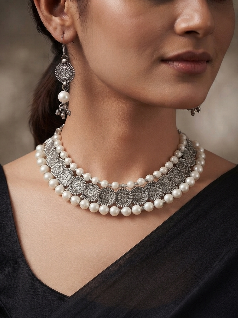 Partywear Indian Silver-Plated Jewlery Set