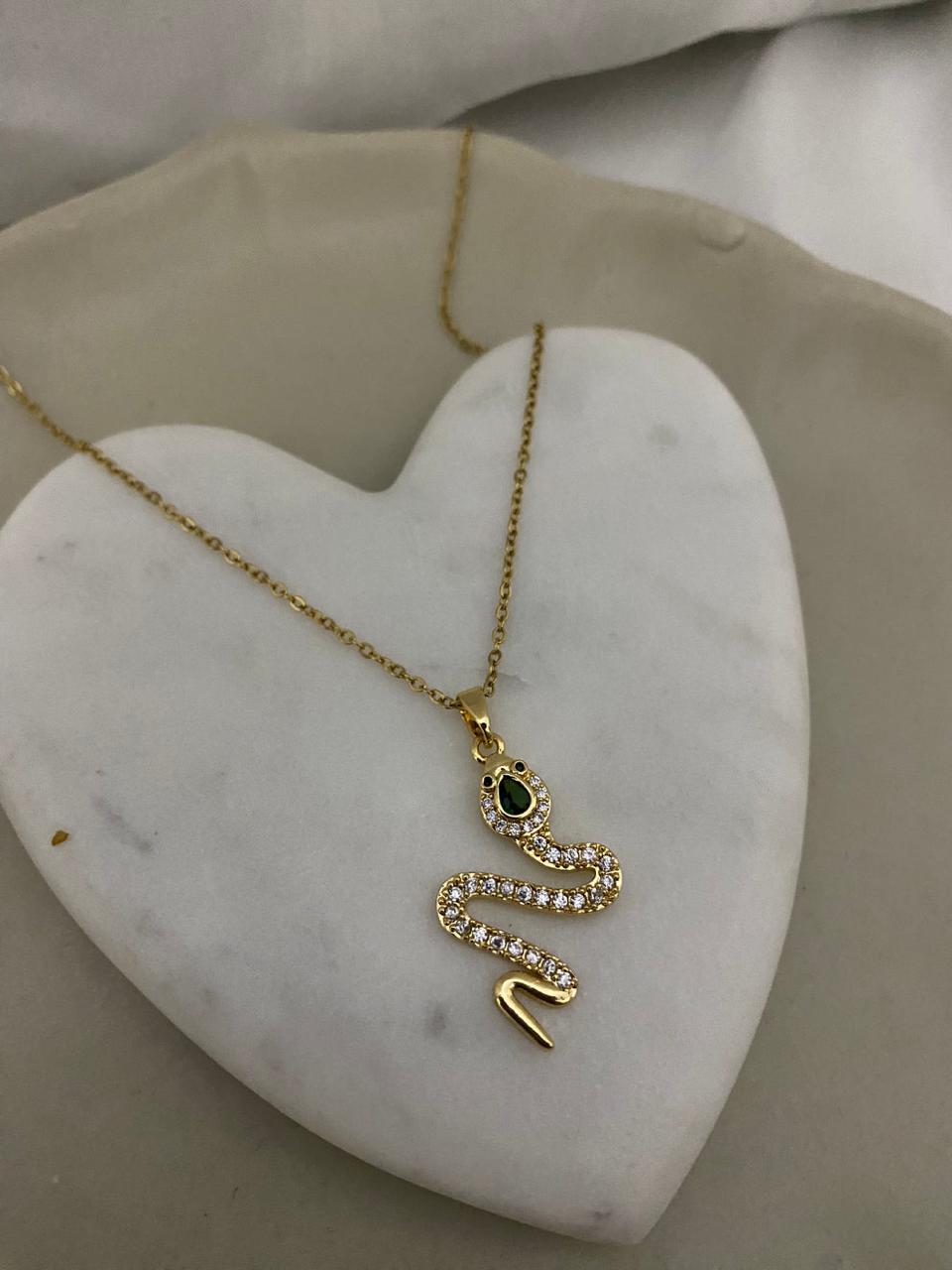 Anti-Tarnish Snake Pendant with Green Stone