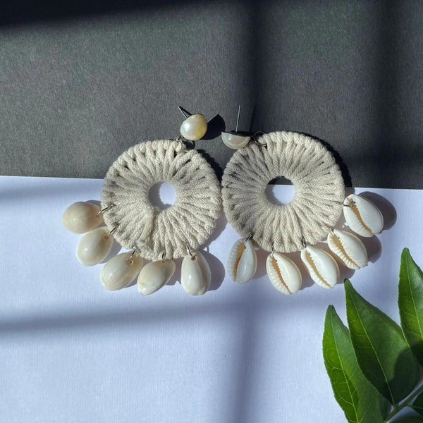 Woven White Rope and Shell Earrings
