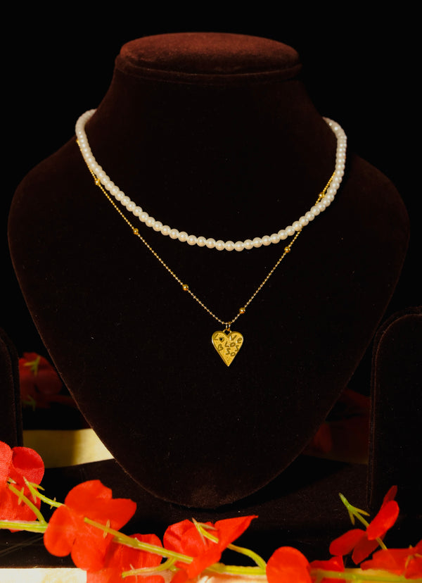 Pearls And Heart Double Chain Pendant