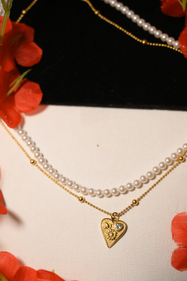 Pearls And Heart Double Chain Pendant