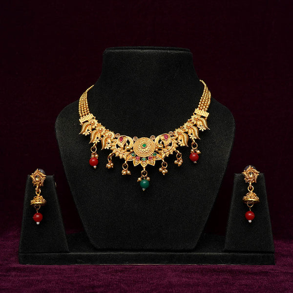 Meraki Gold Finish Choker Set With Red and Green Stone