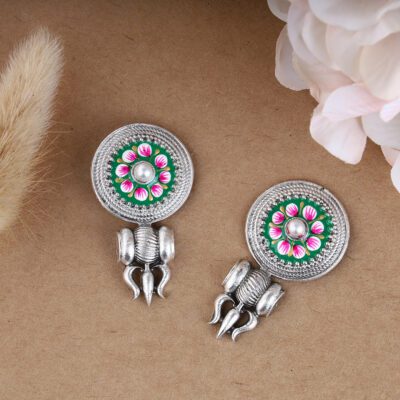 Oxidized Trisula Style Earring with Handprinted Floral Design