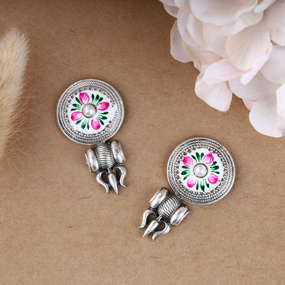 Oxidized Trisula Style Earring with Handprinted Floral Design