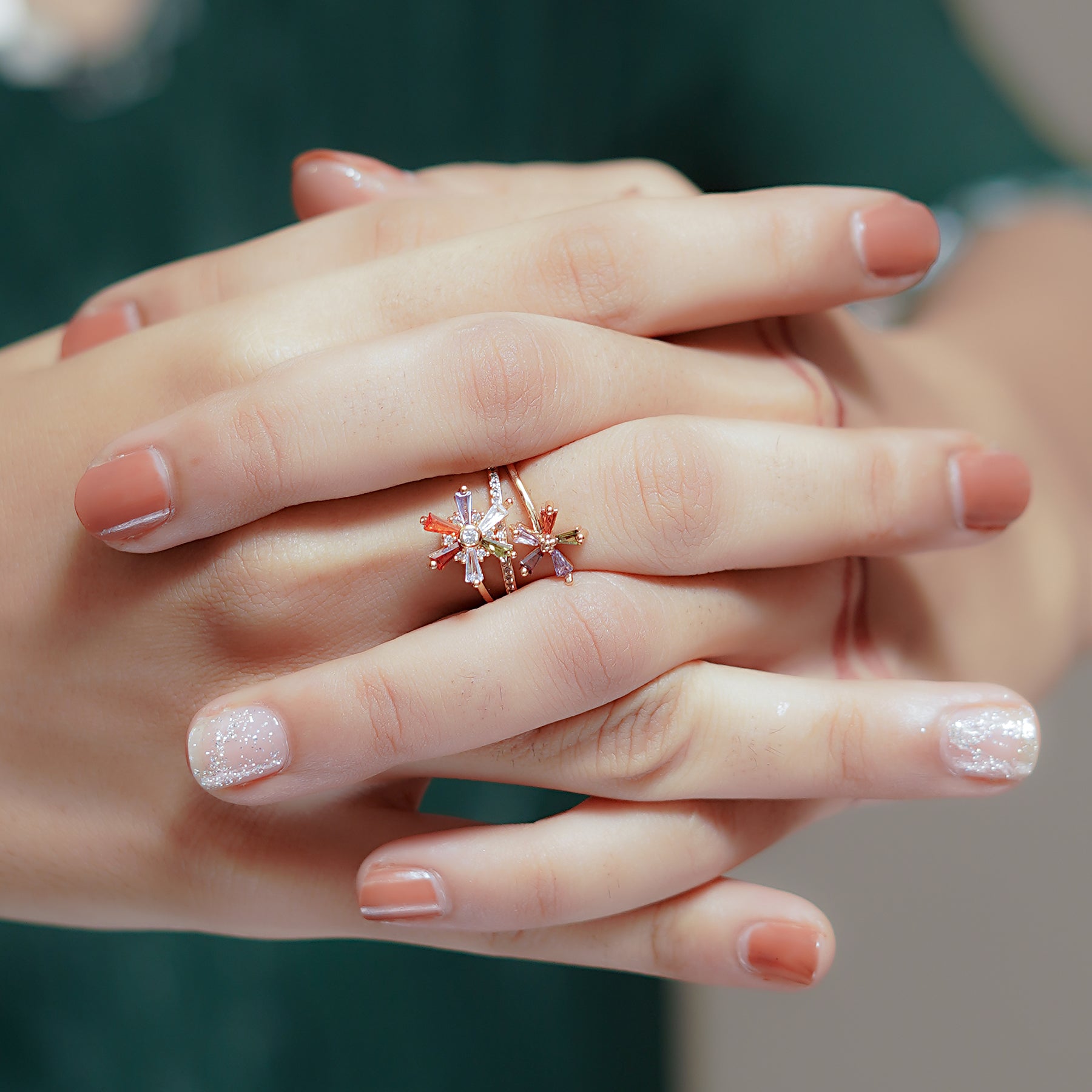Spinning Rose Gold-plated Multistone Double Flower Ring
