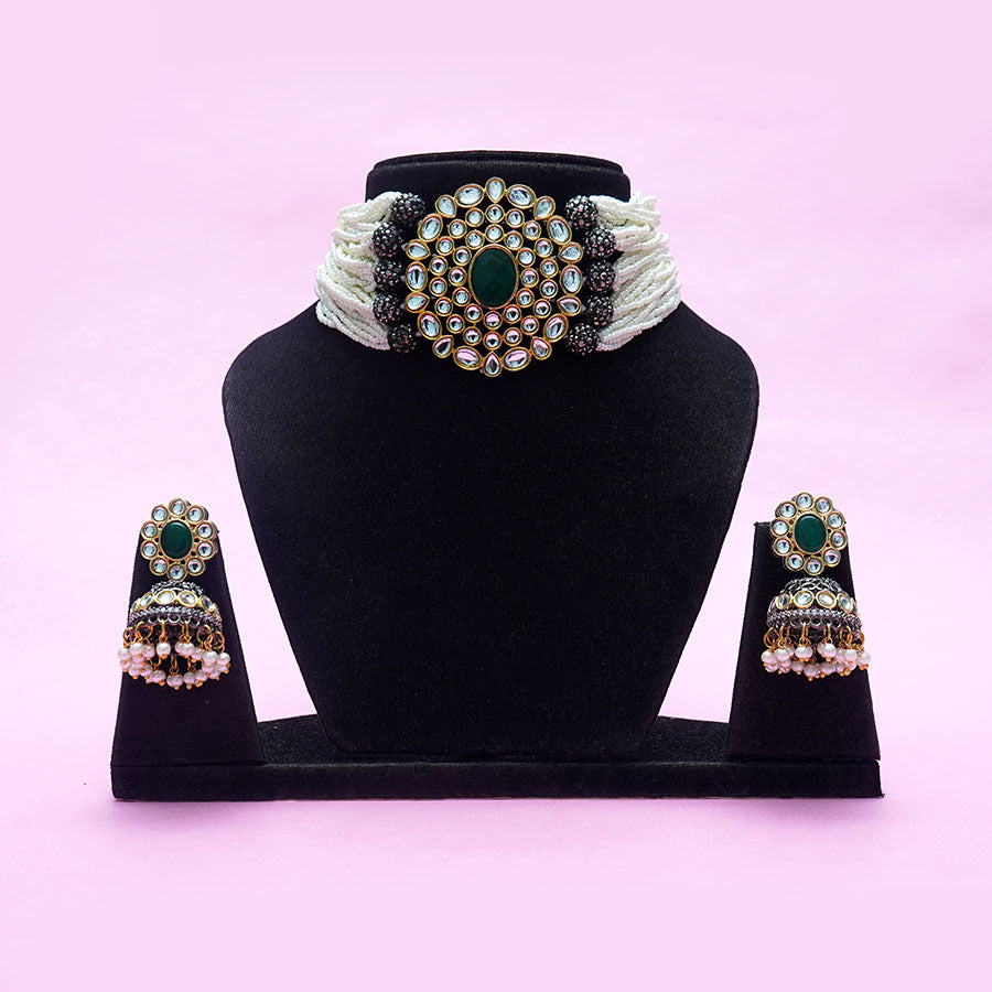 Meraki Gorgeous Pearl Nacklace Set with Kundan Stone