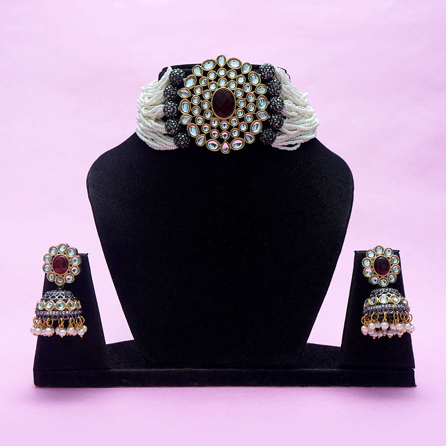 Meraki Gorgeous Pearl Nacklace Set with Kundan Stone