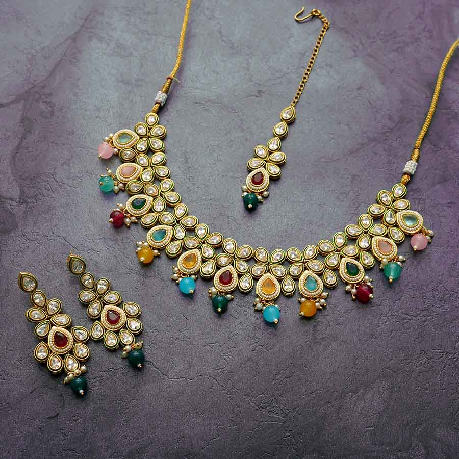 Meraki Panash Women Gold Plated CZ Stone Studded Droplet Choker Necklace Set