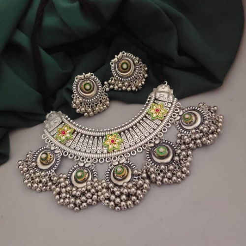 Oxidized Ghungroo Style Choker with Green Color Flower